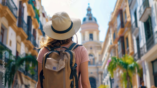 Backview of Tourist in Malaga, Spain - Hat and Backpack on Summer Day