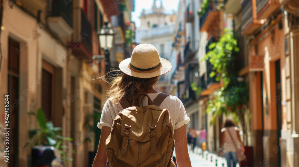 Backview of Tourist in Malaga, Spain - Hat and Backpack on Summer Day Backview of Tourist in Malaga, Spain - Hat and Backpack on Summer Day