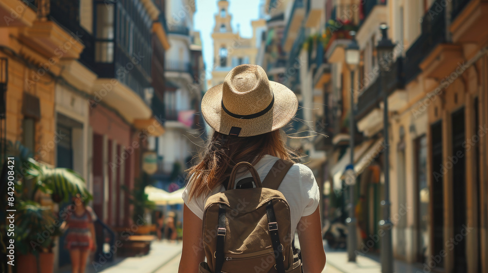 Fototapeta premium Backview of Tourist in Malaga, Spain - Hat and Backpack on Summer Day