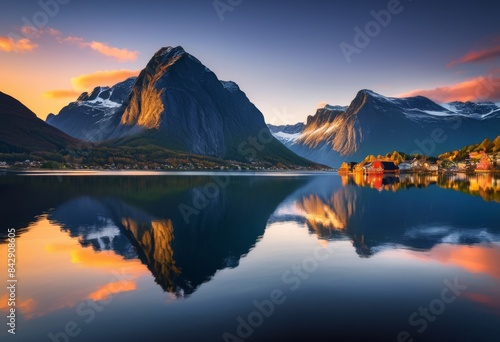 tranquil fjord sunrise reflecting calm waters majestic mountains background, reflection, serene, nature, landscape, beauty, peaceful, scenery, horizon, view, early © Yaroslava
