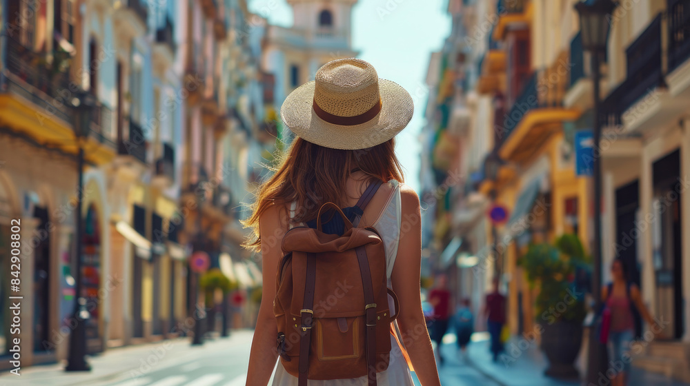 Obraz premium Backview of Tourist in Malaga, Spain - Hat and Backpack on Summer Day