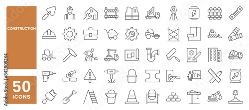 Set of 50 line icons related to construction, renovation, build, engineering, architecture, Editable stroke. Vector illustration