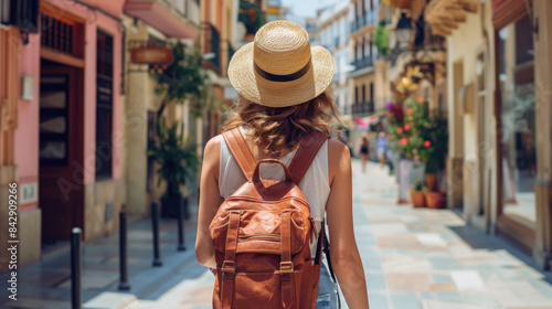 Backview of Tourist in Malaga, Spain - Hat and Backpack on Summer Day © Thanos