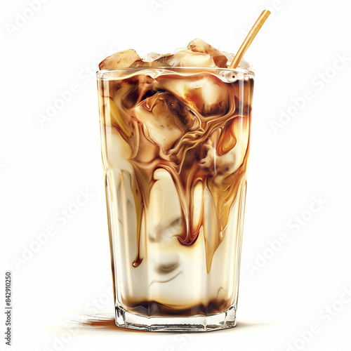 One glass of coffee with milk and ice stand on a light background photo