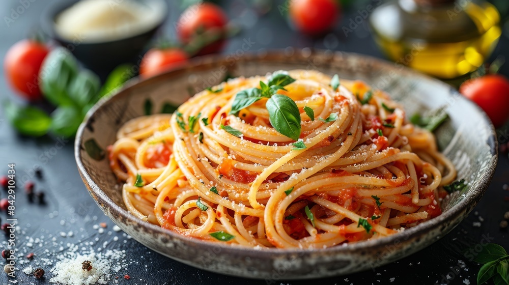 A savory dish of spaghetti garnished with fresh basil, cheese, and tomato sauce on a rustic plate A savory dish of spaghetti garnished with fresh basil, cheese, and tomato sauce on a rustic plate