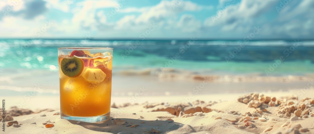 A tropical drink served on a sandy beach with a clear ocean view. A tropical drink served on a sandy beach with a clear ocean view.