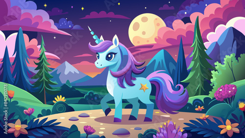 cute unicorn and moon silhouette landscape