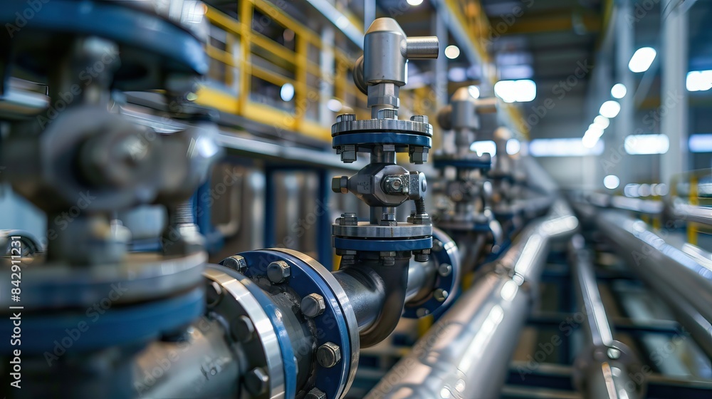 Industrial Pipeline System with Valves and Connectors in a Modern Factory Industrial Pipeline System with Valves and Connectors in a Modern Factory