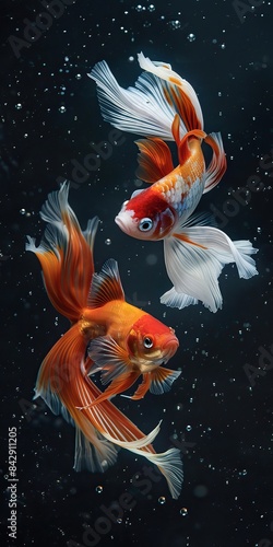 Graceful Koi Fish Swimming Elegantly in Dark Water with Bubbles