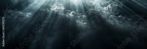 Dark and mysterious background with grunge texture. Black wall  smoky haze  dust particles  shadows and light rays.