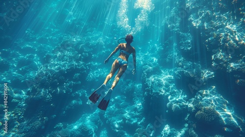 Wallpaper Mural A scuba diver with fins swims above coral reef illuminated by sunlight rays filtering through water Torontodigital.ca