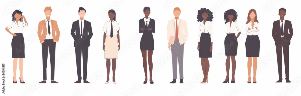 Business team of diverse businesspeople standing in a row flat cartoon character designs Generative AI Business team of diverse businesspeople standing in a row flat cartoon character designs Generative AI