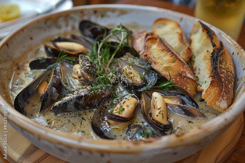 Moules Marinies A steaming bowl of Moules Marinia´res with mussels in a white wine and garlic sauce. Served with crusty bread for dipping. Moules Marinies A steaming bowl of Moules Marinia´res with mussels in a white wine and garlic sauce. Served with crusty bread for dipping.
