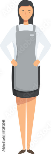 Confident young woman wearing apron is standing with her hands on her hips