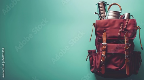Cool mint background, burgundy backpack overflowing with gourmet coffee brewing equipment, ample space for text, overhead shot.