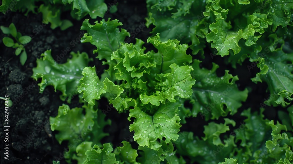 Fresh green lettuce plants growing in dark soil, showcasing vibrant, healthy leaves in a garden setting. Fresh green lettuce plants growing in dark soil, showcasing vibrant, healthy leaves in a garden setting.