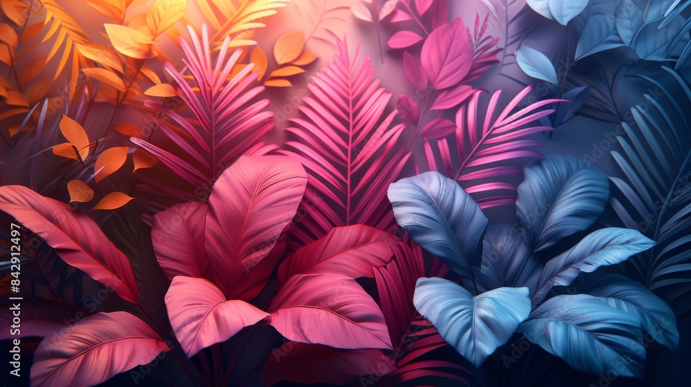 Vibrant and artistically lit tropical foliage with a gradient of colors, perfect for evoking a natural, exotic feel Vibrant and artistically lit tropical foliage with a gradient of colors, perfect for evoking a natural, exotic feel