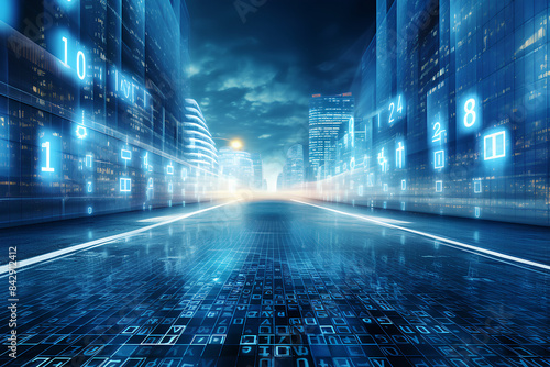 City street with binary code numbers on motion blurred asphalt road speed and faster digital matrix technology information concept