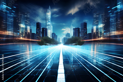 City street with binary code numbers on motion blurred asphalt road speed and faster digital matrix technology information concept