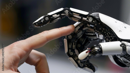 Robotic hand touching finger to another finger of human hand 