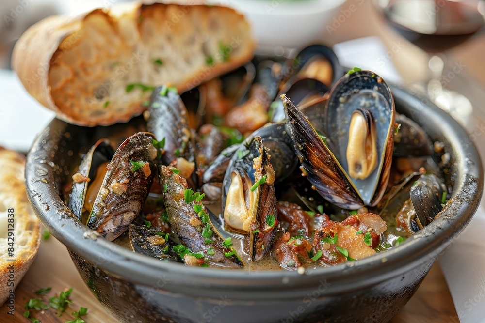Moules Marinies A steaming bowl of Moules Marinia´res with mussels in a white wine and garlic sauce. Served with crusty bread for dipping. Moules Marinies A steaming bowl of Moules Marinia´res with mussels in a white wine and garlic sauce. Served with crusty bread for dipping.