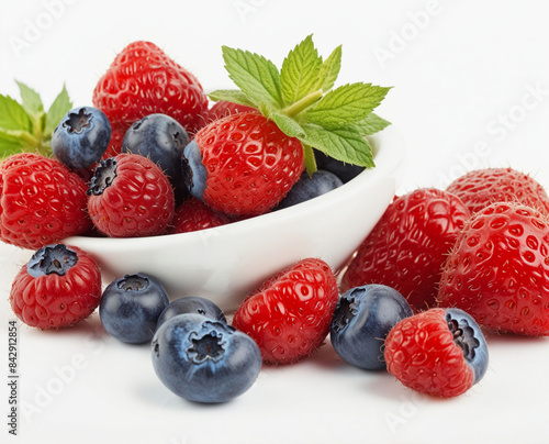 Organic natural punch of mixed red strawberry raspberry and blueberry  isolated on white background