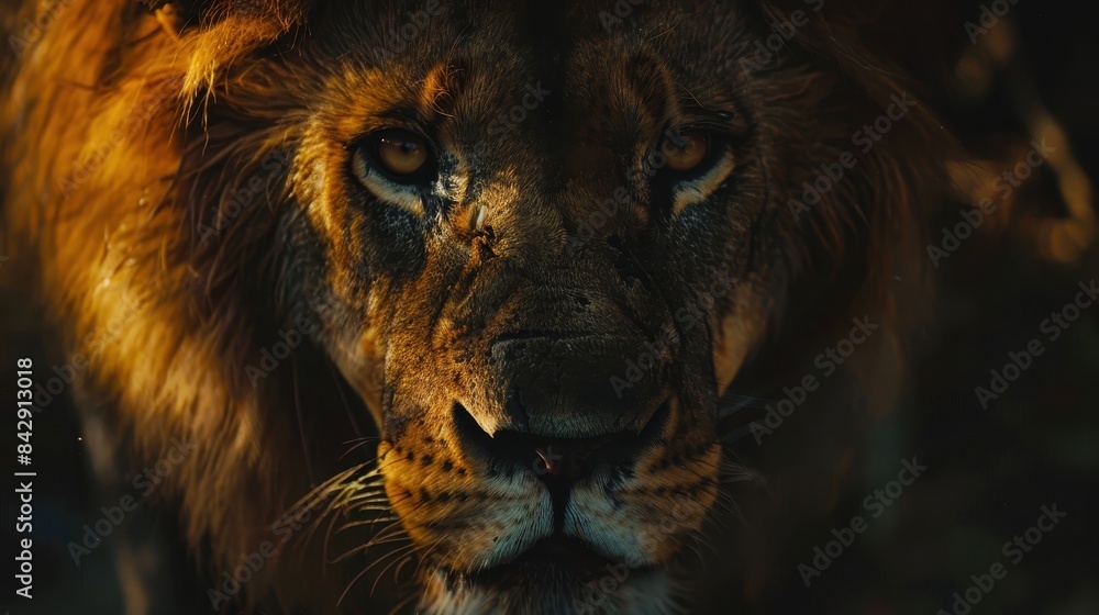Naklejka premium Majestic lion gazing intensely in the wild with golden light highlighting its fierce eyes and mane, capturing the essence of the animal kingdom.