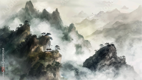 traditional chinese watercolor painting of misty mountain landscape, vector illustration