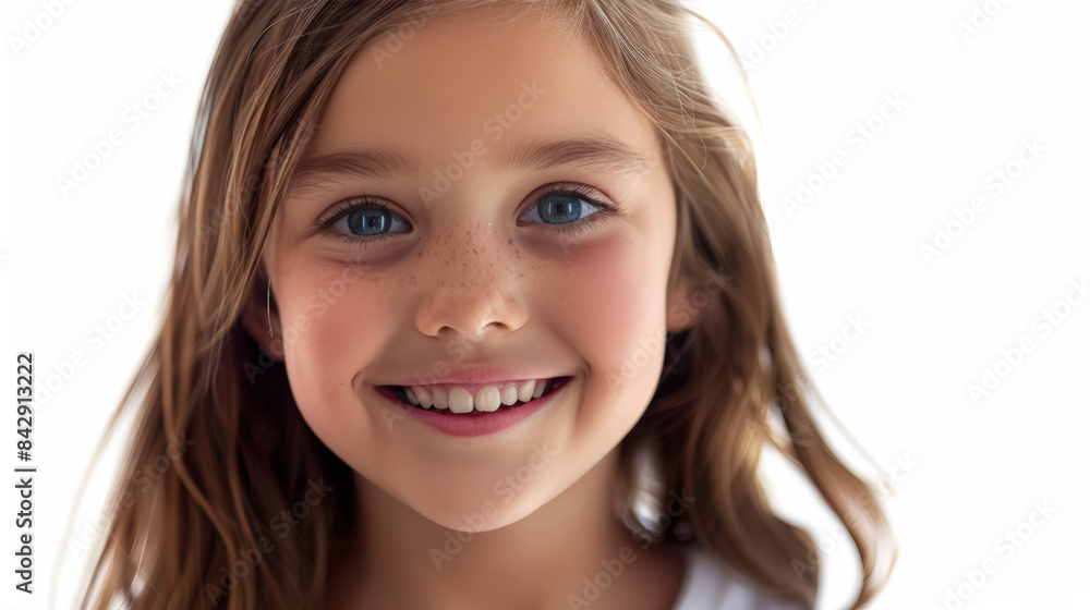 Close-up portrait of a young girl with curly hair, smiling brightly against a white background, exuding happiness and innocence.
Close-up portrait of a young girl with curly hair, smiling brightly against a white background, exuding happiness and innocence.
