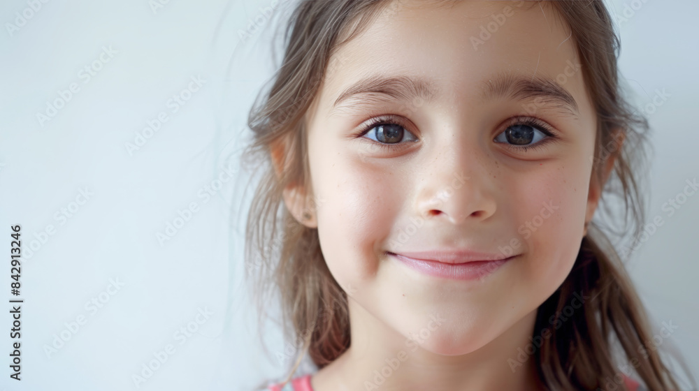 Close-up portrait of a young girl with curly hair, smiling brightly against a white background, exuding happiness and innocence.
Close-up portrait of a young girl with curly hair, smiling brightly against a white background, exuding happiness and innocence.