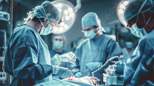 Group of surgeons doctors and nurses performing an operation in a bright modern operating room, photo