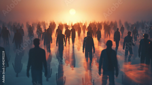 Crowd of sad identical people is walking, silhouette, crowd, close view, photorealistic, wide angle