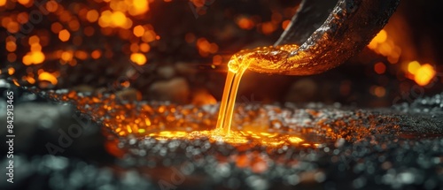 Molten metal being poured into a mold, glowing bright orange and creating a dramatic industrial scene with intense heat and energy. photo