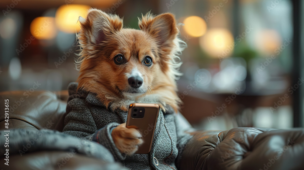 Cute dog in coat using smartphone Generated by AI Cute dog in coat using smartphone Generated by AI