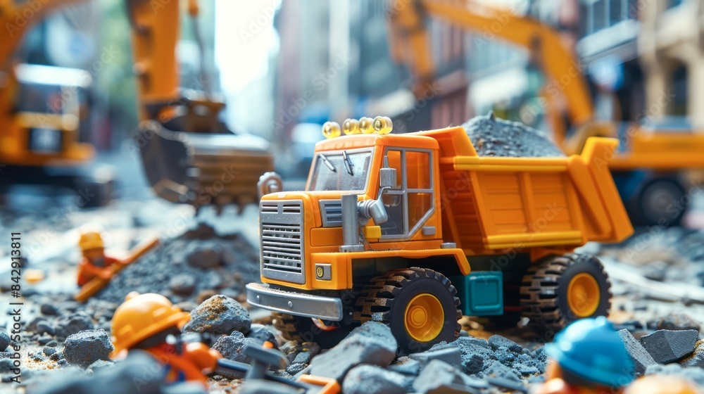 A close-up shot of a toy dump truck with a load of gravel, surrounded by miniature construction workers and a blurry excavator in the background A close-up shot of a toy dump truck with a load of gravel, surrounded by miniature construction workers and a blurry excavator in the background