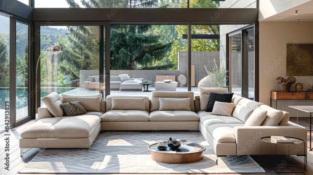 A large, light-colored sectional sofa sits in a modern living room with large windows overlooking a patio and lush greenery A large, light-colored sectional sofa sits in a modern living room with large windows overlooking a patio and lush greenery