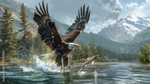 An eagle swooping down to catch a fish from a lake, with its sharp talons ready to grasp the prey. photo