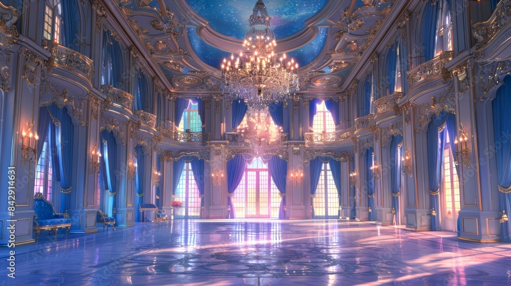 Obraz premium A lavish ballroom with blue curtains, a crystal chandelier, and a starry ceiling