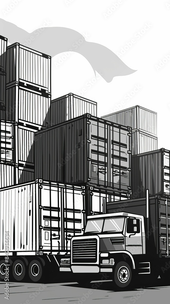 container yard flat design side view theme logistics cartoon drawing ...