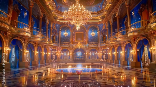 A grand ballroom with ornate gold detailing and blue accents, featuring a large chandelier and a reflective floor photo