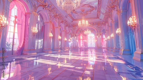 A grand ballroom in a palace, bathed in soft, pink and purple light © imagemir