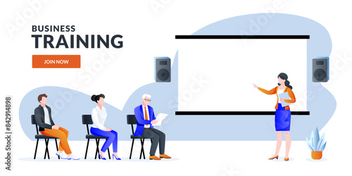 Female speaker coach speaks to audience. People, men, women, at the seminar, presentation or conference. Vector flat cartoon illustration. Business training, education, coaching concept