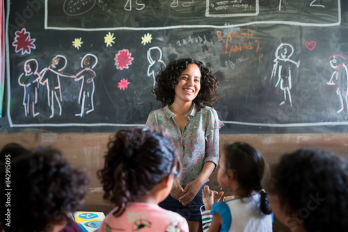 Empowering Education: A Young Teacher's Impact in a Disadvantaged Community smiling near the blackboard photo