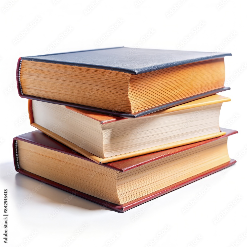 Three Hardcover Books Stacked on a White Surface. Generative AI Three Hardcover Books Stacked on a White Surface. Generative AI
