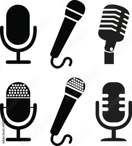 Set of fill Voice icons recording Studio symbols. Microphone icons. Microphone icons logos template for many purposes. Retro microphone vectors illustration signs isolated on transparent background. photo