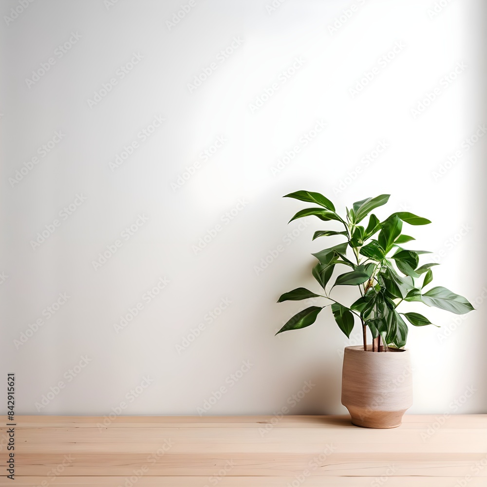 Plant on wooden table against white empty wall with copy space in living room interior Plant on wooden table against white empty wall with copy space in living room interior