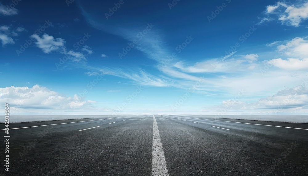 Fototapeta premium Wide open asphalt highway under a clear blue sky with white clouds, symbolizing freedom and endless possibilities.