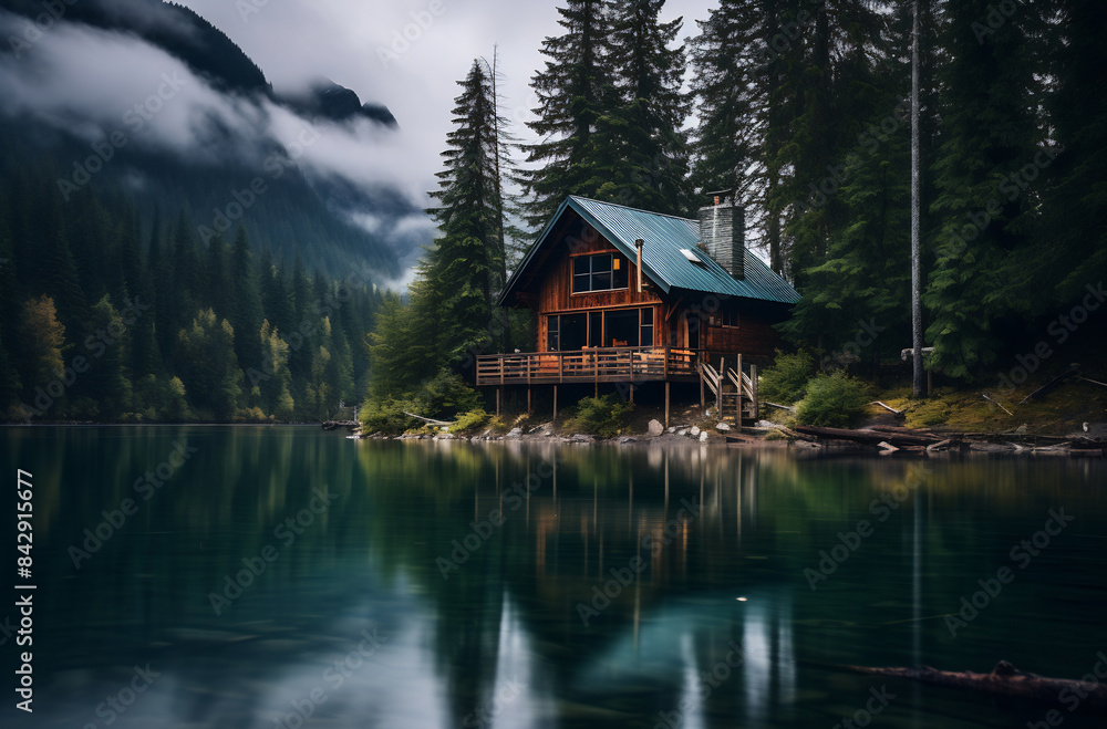 Fototapeta premium Cabin on shore of lake