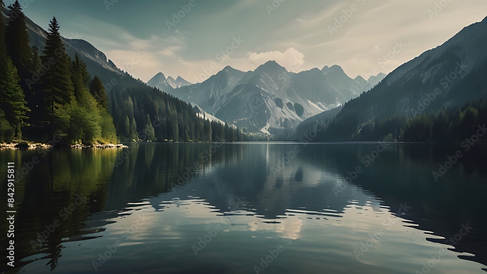 A body of water with trees and mountains in the background AI generated