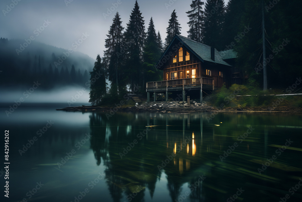 Fototapeta premium Cabin on lake with lights on at night